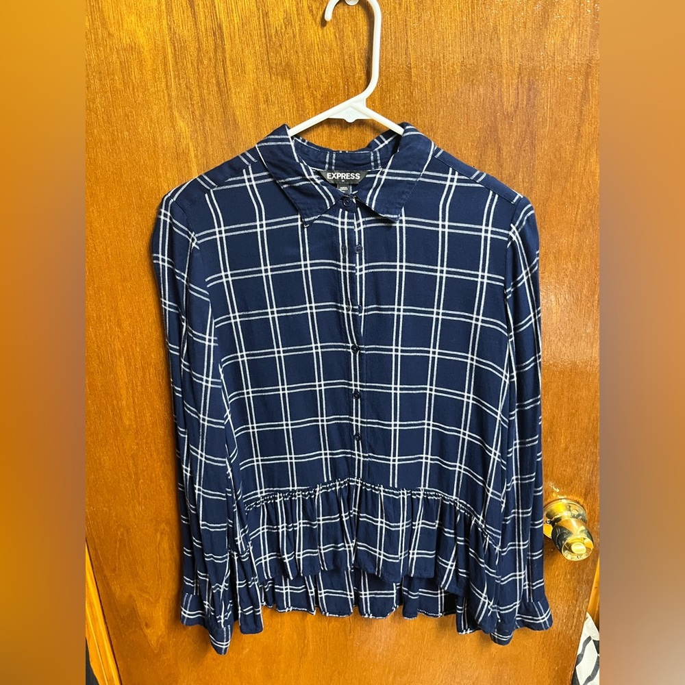 Express Navy Blue Check Plaid Peplum Ruffle Hem Button Down Blouse